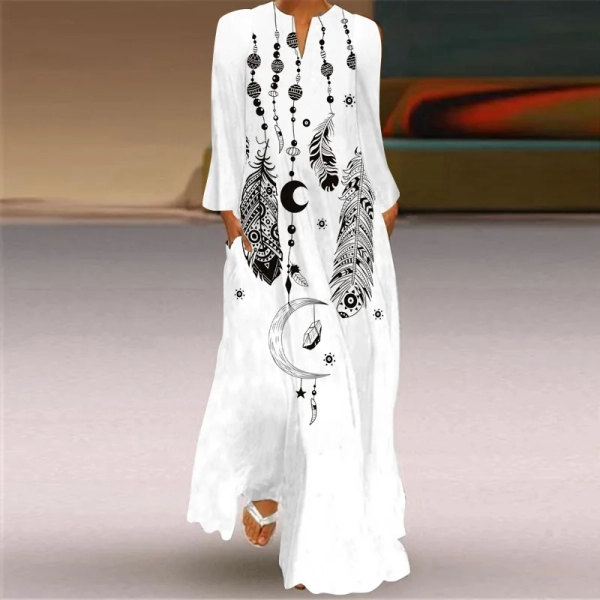 Vestidos Spring And Autumn Women's Feather Print Long Sleeve Dress 2023 Fashion Women's Loose V-neck Casual Bohemian Long Dress