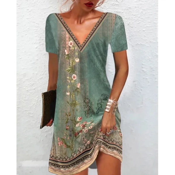 2024 Summer Fashion Women's Ethnic Style Printed Slim Fit Dress Casual V-neck Long Sleeve+Short Sleeve Over Knee Skirt