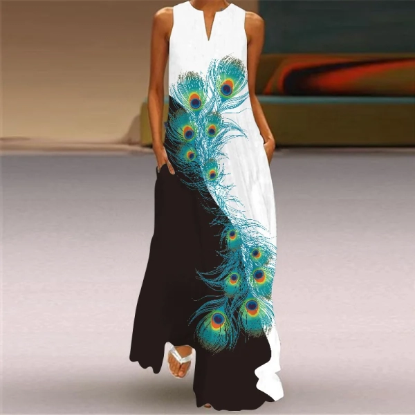 Summer Fashion Elegant V-Neck Printed Long Dress Art Retro Large Swing Dress Long Dresses Vestidos Ropa Mujer Robe Maxi Elegante