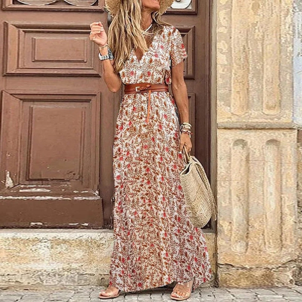 Women's Summer Casual Loose Fitting Dress Fashionable V-neck Short Sleeved Dress Holiday Party Bohemian Style Floral Long Dress