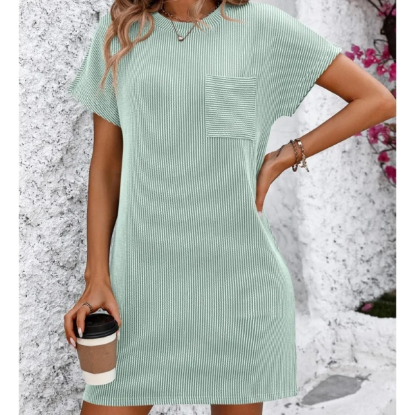 2024 new women's summer casual patchwork contrasting twisted bat short sleeved pocket round neck pullover dress y2k