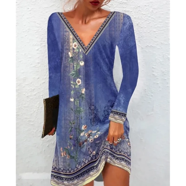 2024 Summer Fashion Women's Ethnic Style Printed Slim Fit Dress Casual V-neck Long Sleeve+Short Sleeve Over Knee Skirt