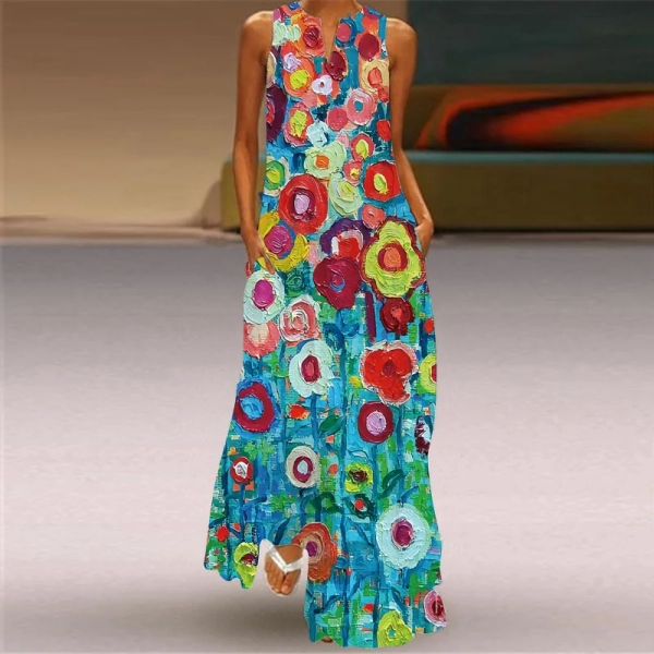 2024 Summer New Retro Tiger Head Pattern Printed Long Dress V-neck Multi color Long Sexy Sleeveless Robe Dress for Women