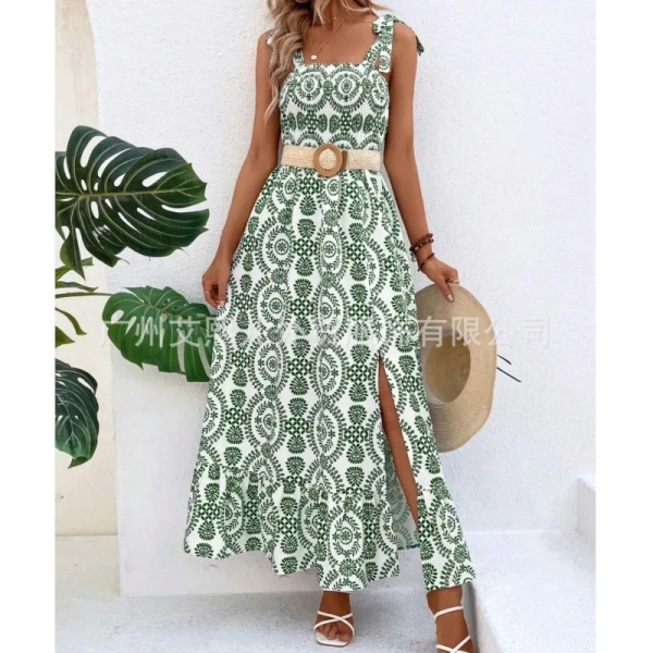 Elegant women's clothing 2024 summer new fashionable suspender print sleeveless slit personalized street long dress y2k