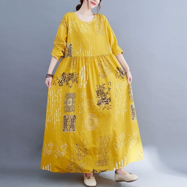 Yellow Oversized Women's Floral Sundress 2024 Printed Maxi Dress Elegant Autumn Casual Long Sleeve Vestidos Female Cotton Robes