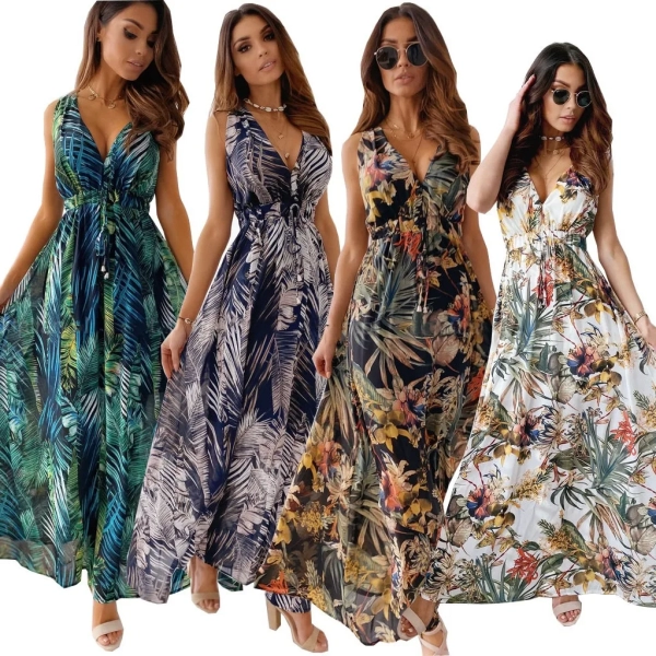 Fashion Printed Beach Dresses For Women Sexy Deep V-neck Backless Leace-up Casual Vacation Sleeveless A-line Long Dress Vestidos