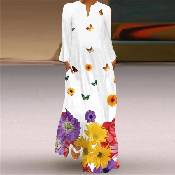 Vestidos Spring And Autumn Women's Feather Print Long Sleeve Dress 2023 Fashion Women's Loose V-neck Casual Bohemian Long Dress