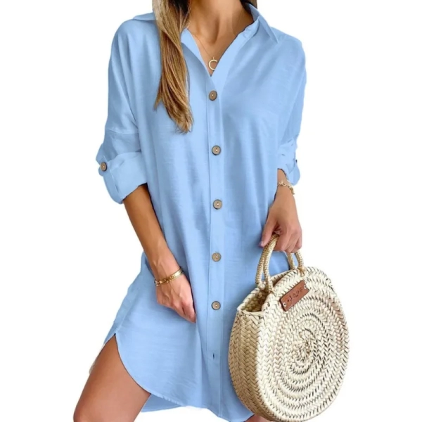 Solid color button up front shirt dress for women, 2024 autumn casual long sleeved lapel button up shirt dress for women