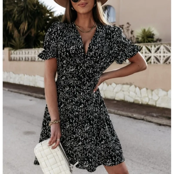 Fashionable and sexy women's 2024 summer new print V-neck ruffle sleeves high waist single breasted mini floral dress