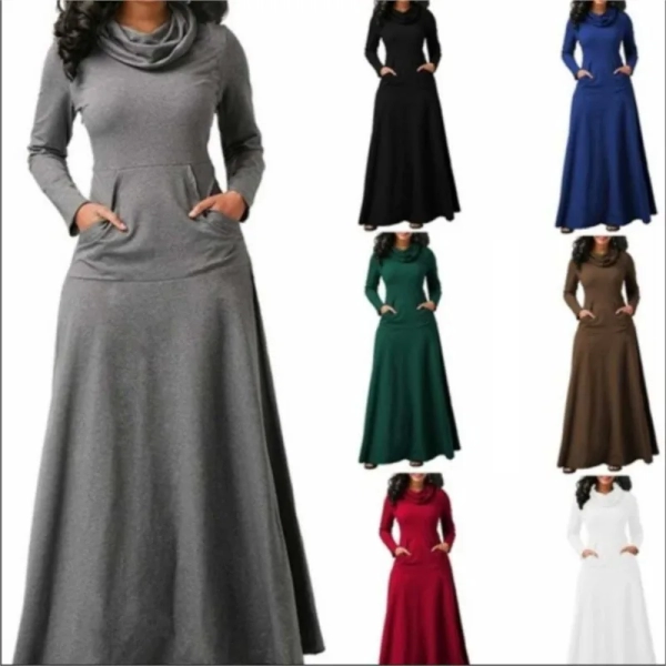 Autumn Winter Solid Color Splicing Pocket Neck Large Pendant Long Dress 2024 Casual Women's High Waist Long Sleeve Maxi Dresses