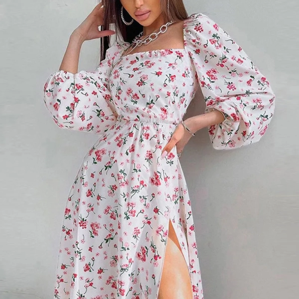 Women summer dress 2023 new square collar temperament elegant printed lantern sleeve slit woman dresses vestidos GHH8551