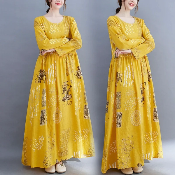 Yellow Oversized Women's Floral Sundress 2024 Printed Maxi Dress Elegant Autumn Casual Long Sleeve Vestidos Female Cotton Robes