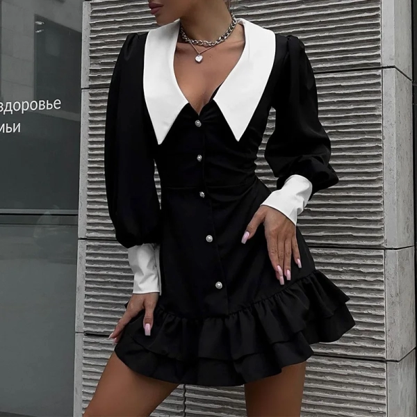 Autumn Women's New Fashion Long Sleeved Doll Collar Colored Slim Fit Mini Dress Celebrity Wrapped Hip Black Cake Dresses