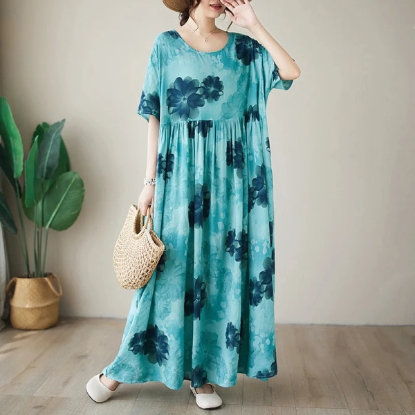 Elegant Floral Printed Boho Maxi Dress Women's Summer Sundress 2024 Half Sleeve Maxi Vestidos Female Casual O Neck Floral Robes