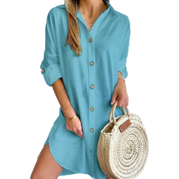 Solid color button up front shirt dress for women, 2024 autumn casual long sleeved lapel button up shirt dress for women