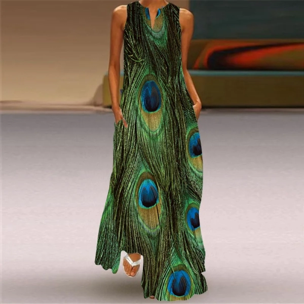 2024 Summer New Retro Tiger Head Pattern Printed Long Dress V-neck Multi color Long Sexy Sleeveless Robe Dress for Women