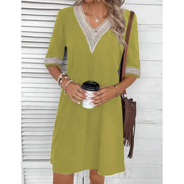 Women's Solid Color Pullover Dress 2024 New Lace Patchwork V-neck Mid Sleeve Loose Casual Dress Roupa Feminina Vestidos De Mujer