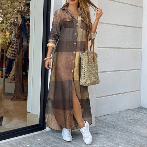 Women's New Long sleeved Shirt Skirt Women's Long Skirt Flip Collar Mid Waist Dress Elegant Commuter Print Button Cardigan Dress