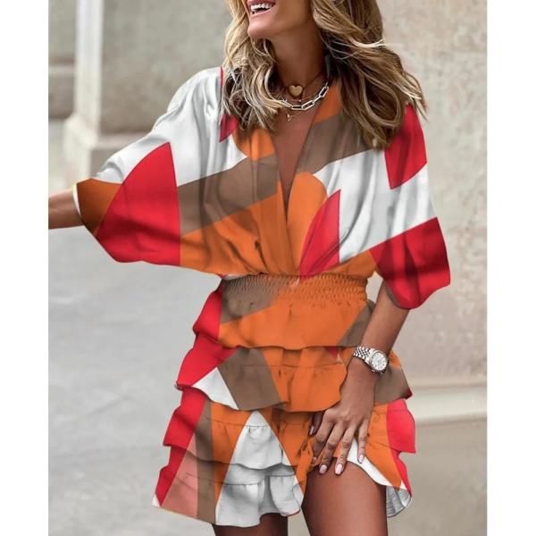 Women's Sport Dress V-Neck Loose Batwing Sleeve Elastic Waist Printed Dress Mini Casual Ruffle Hem Dresses