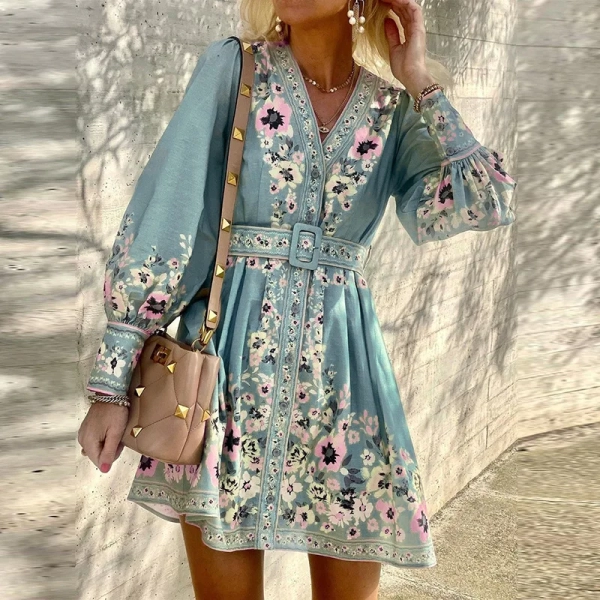 2024 Autumn New Bohemian Women's Long sleeved V-neck Loose Printed Belt Fashionable and Elegant Basic Midi Dress for Women y2K