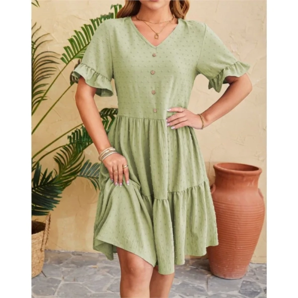 Women's Solid Color Button Ruffle Knee Length Dress 2024 Summer New V-neck Jacquard Half Sleeve Pleated Party Dress Vesstidos