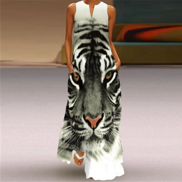 2024 Summer New Retro Tiger Head Pattern Printed Long Dress V-neck Multi color Long Sexy Sleeveless Robe Dress for Women