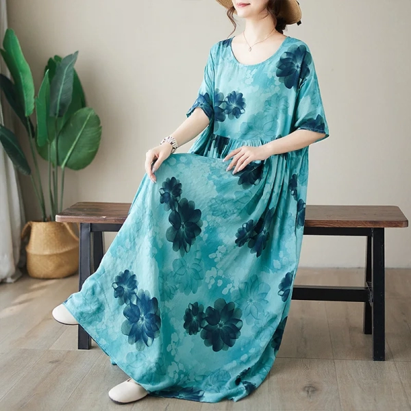 Elegant Floral Printed Boho Maxi Dress Women's Summer Sundress 2024 Half Sleeve Maxi Vestidos Female Casual O Neck Floral Robes