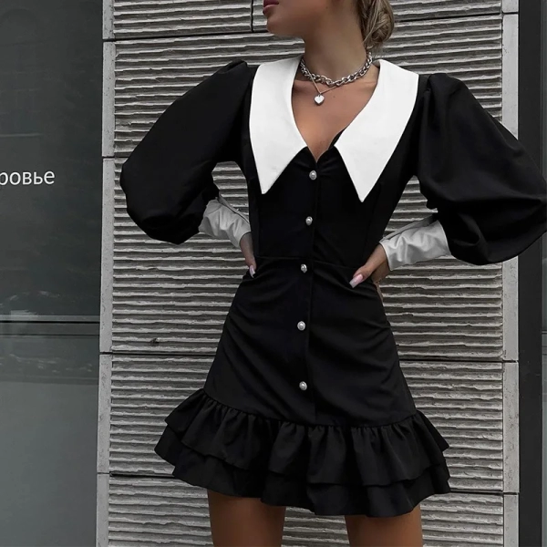 Autumn Women's New Fashion Long Sleeved Doll Collar Colored Slim Fit Mini Dress Celebrity Wrapped Hip Black Cake Dresses