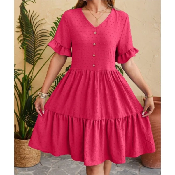 Women's Solid Color Button Ruffle Knee Length Dress 2024 Summer New V-neck Jacquard Half Sleeve Pleated Party Dress Vesstidos