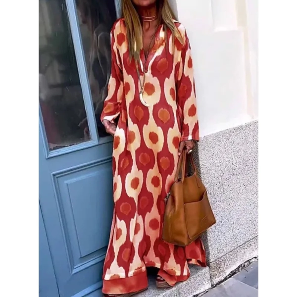 Spring Autumn Casual V Neck Long Sleeve Dress Women Fashion Geometric Printing Split Maxi Dresses Holiday Beach Boho Dress 2024